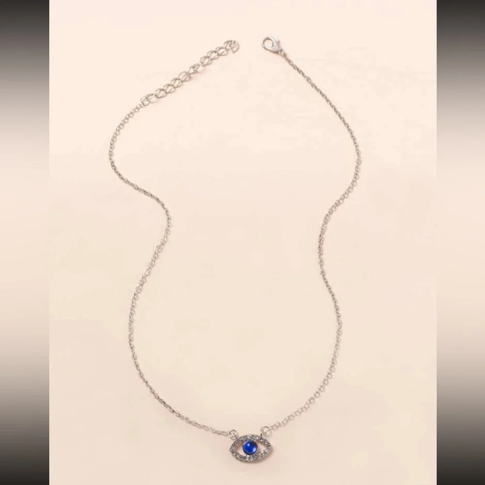 Silver Rhinestone Eye Necklace Blue Dainty Cute Gift Minimalist Luck Cute Boho - Picture 3 of 3